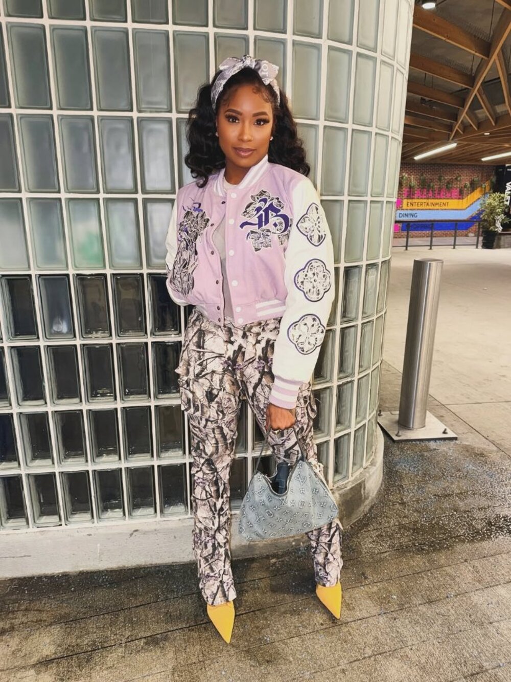 Lavender Varsity Jacket & Camo Pants Set Size M | Floral Patch Streetwear Outfit